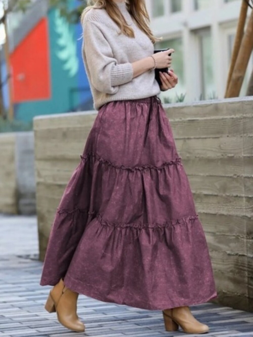 Zenana Woven Acid Wash Tiered Skirt